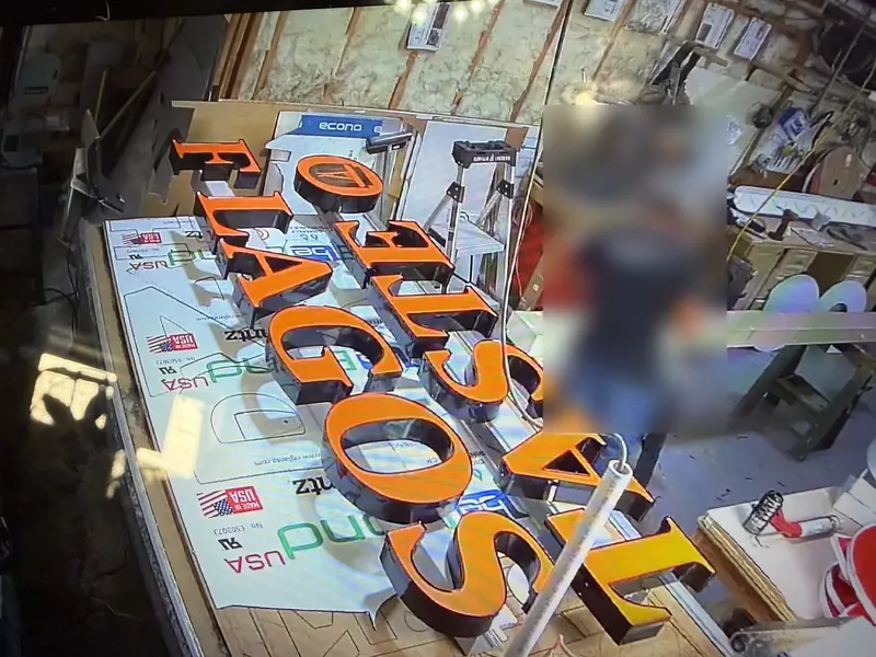 Channel letters being fabricated in the shop